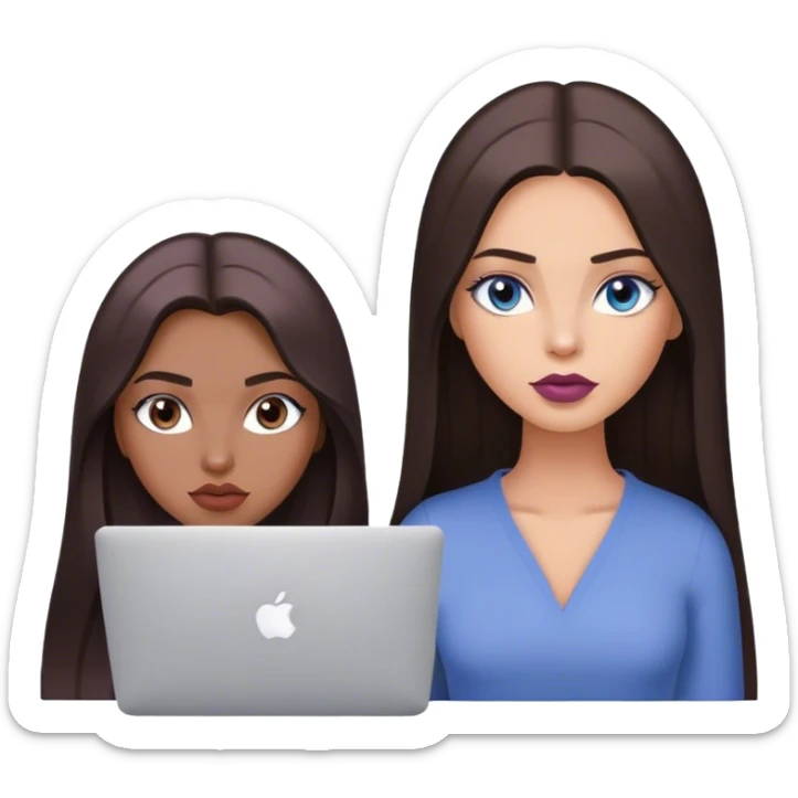 Glamours tanned very beautiful girl with pump mauve lips and dark chocolate straight smooth long hair, blue-grey eyes with MacBook sticker