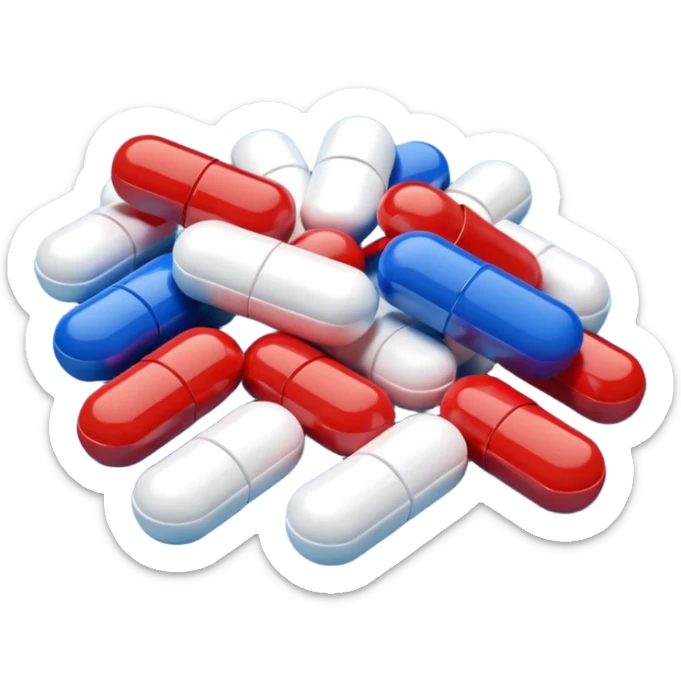 A close-up of mixed pills and capsules, red, white, and blue colors, clean background, light reflections on surface, realistic Memoji-style. sticker
