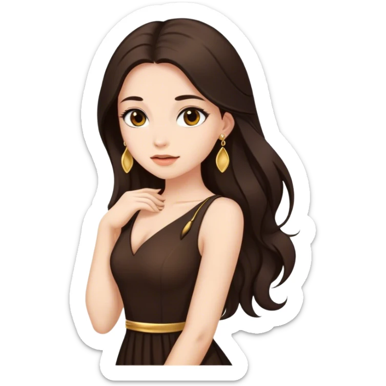 Beautiful woman,cute, long dark brown hair in dark dress with gold earrings sticker