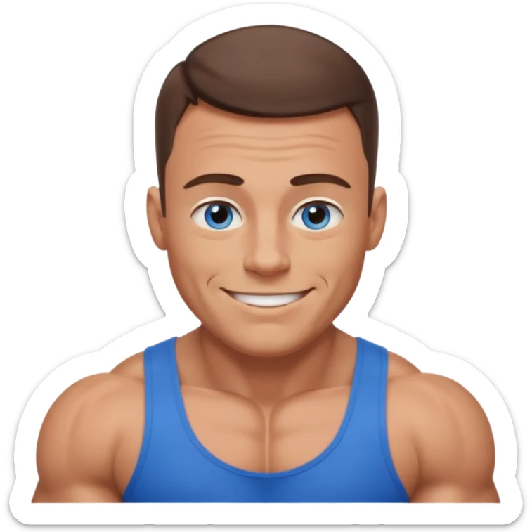 dad with very short shaved brown hair and blue eyes emoji with big muscles sticker