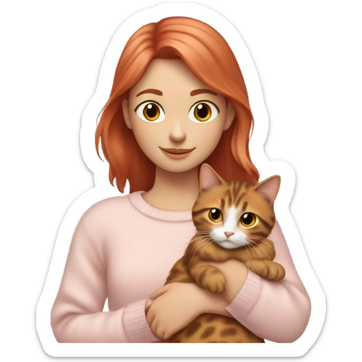 Red hair girl wearing a pale pink sweater holding a tortoiseshell cat with a white belly sticker