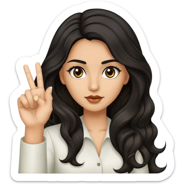 woman with olive skin, brown eyes and long lashes, and long black wavy hair holding up one hand and showing her one middle finger sticker