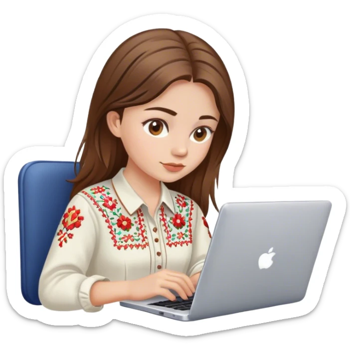 A Ukrainian girl with brown hair in an embroidered shirt works at her laptop sticker