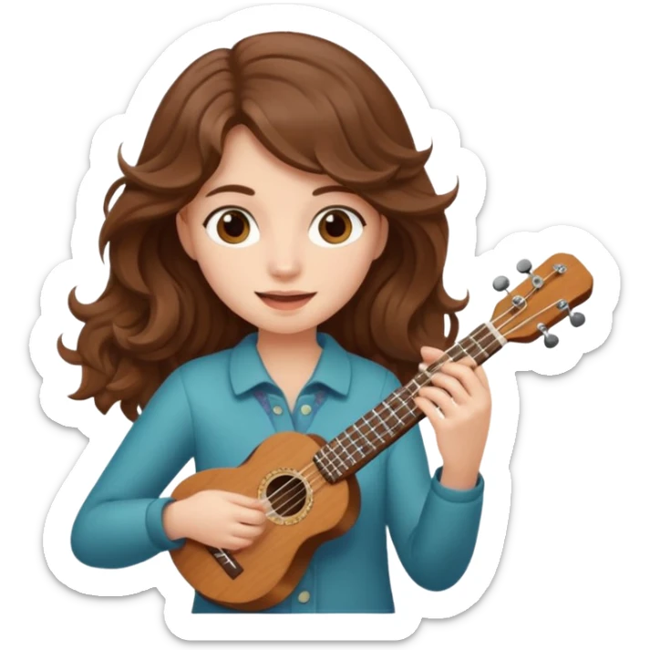 A fair-skinned girl with wavy brown hair is playing the ukulele. sticker