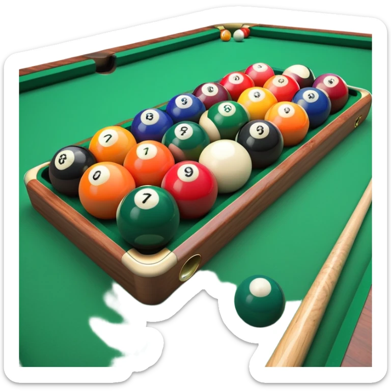 A close-up of a pool cue aimed at a set of colorful billiard balls resting on a green felt table. The focus is on the cue stick and the arrangement of balls, with subtle details of the game’s texture and atmosphere, emphasizing the precision and skill of billiards. sticker