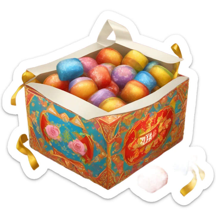 Traditional russian new year sweet gift box with handles with russian candies in wrappers for kids sticker