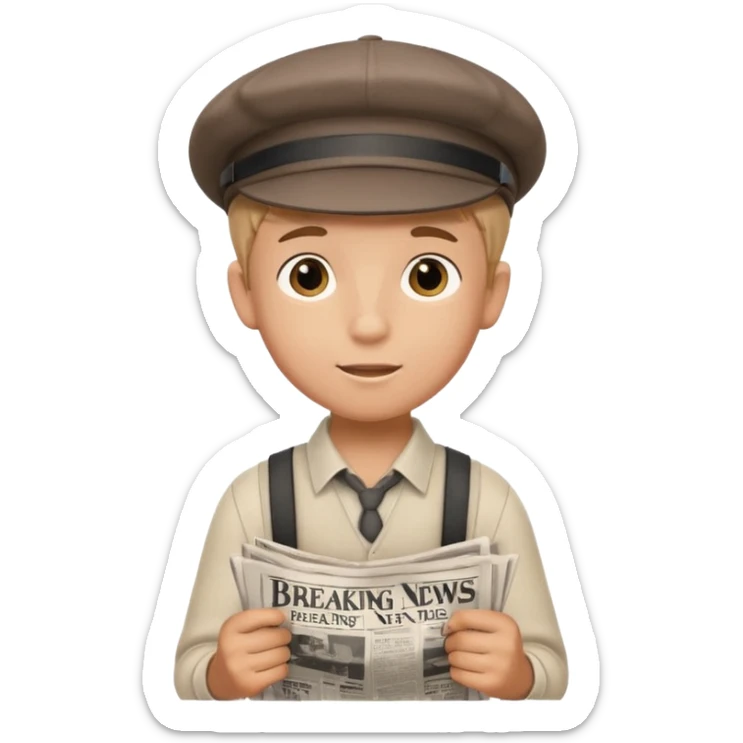 newsies musical emoji of young newsie boy holding a newspaper that says breaking news sticker