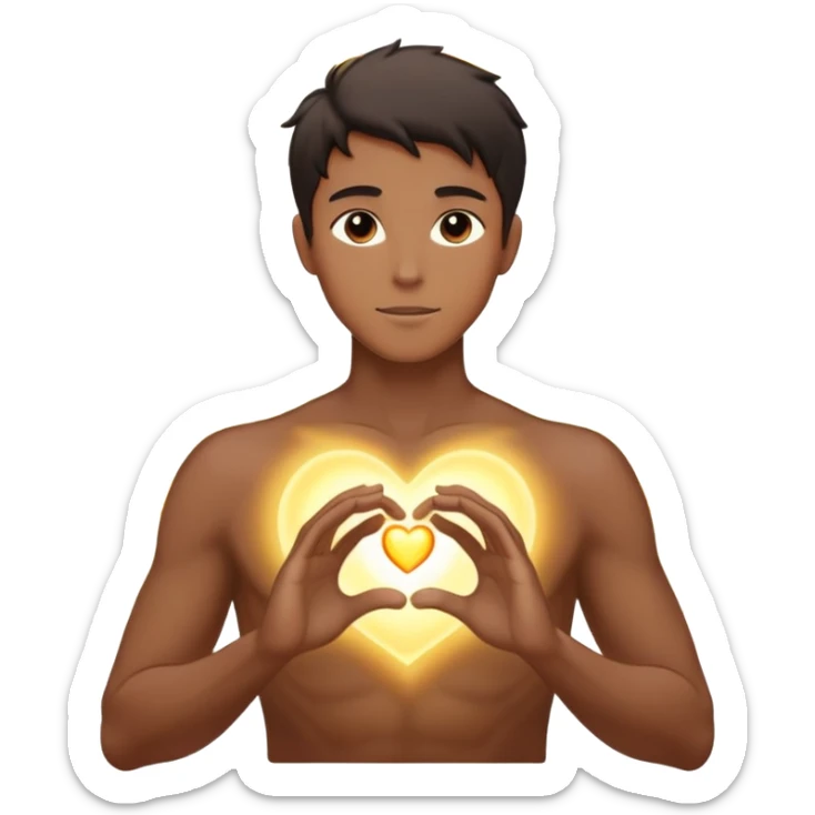 male silhouette with luminous aura, glowing heart, and energy ripples at hands, embodying awakening and quiet longing, no sharp features sticker