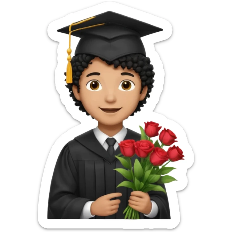 Graduated Students, Male,  brown skin, black curly hair, wearing graduation cap, holding bouquet of flowers
 sticker