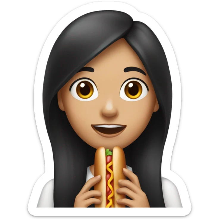 girl with long black hair, brown eyes, eating hot dog sticker