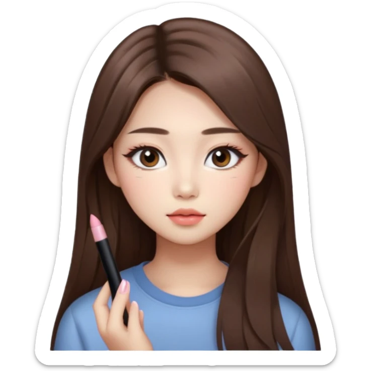 “korean straight long brown hair Emoji girl, soft eyeliner and blush, gradient lips, light brown shimmer eyeshadow sticker