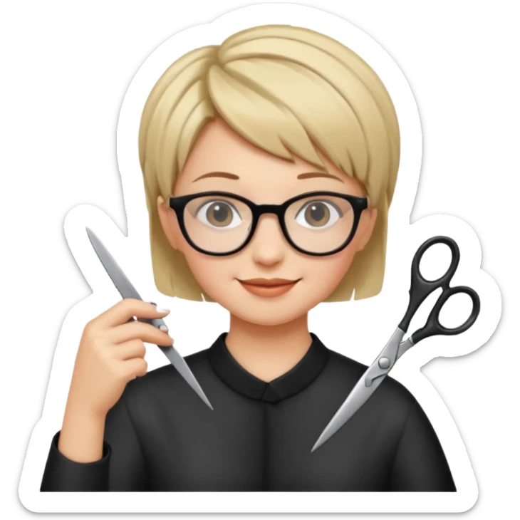 Happy woman with very short hair and glasses having haircut emoji sticker