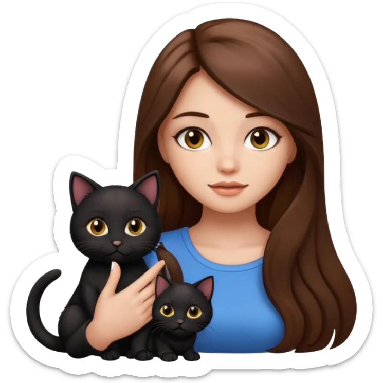 pretty girl with brown long hair and makeup, black kitten sitting beside her, emoji style sticker