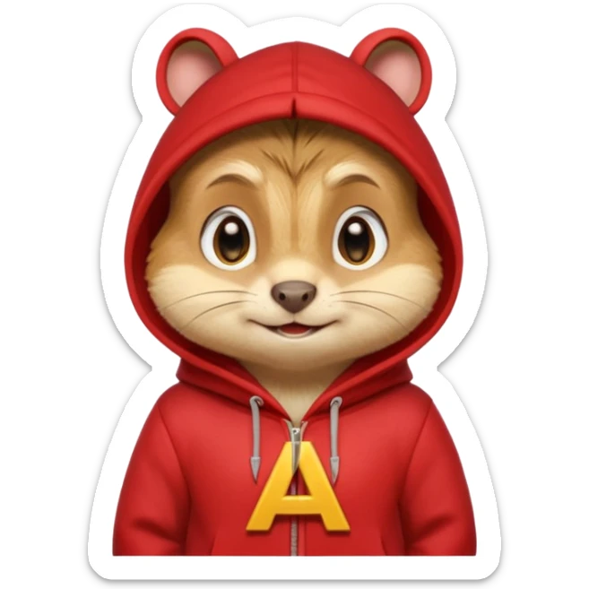 Portrait of a cartoon chipmunk with light brown and beige fur, wearing a red hoodie with a yellow 'A' on it, big round eyes, small nose, and a mischievous grin, front-facing, stylized in animated movie style sticker