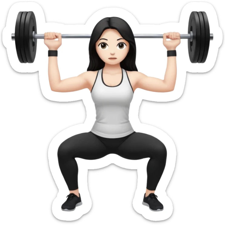 Девушка белокожая, с длинными темными волосами, в одежде для йоги - черные лосины, белый топ, делает присед со штангой 100 килограмм, правильные пропорции тела, только человек sticker