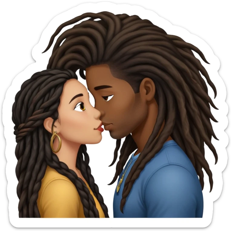 Latina Woman with long hair kissing a young black guy with dreads chin hair sticker