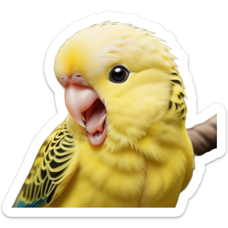 Cinematic Cute Yawning Yellow Budgie Portrait Emoji, Head tilted slightly with a dramatic, wide-open yawn, showcasing a soft, downy yellow feathered fur with gently drooping wings, round dark eyes barely open in drowsy contentment, Simplified yet irresistibly adorable features, highly detailed, glowing with a soft, cozy glow, high shine, relaxed yet expressive, stylized with a touch of whimsy, bright and endearing, soft glowing outline, capturing the essence of a sleepy yet affectionate budgie, so drowsy it feels like it could stretch out of the screen and curl up for a nap! sticker