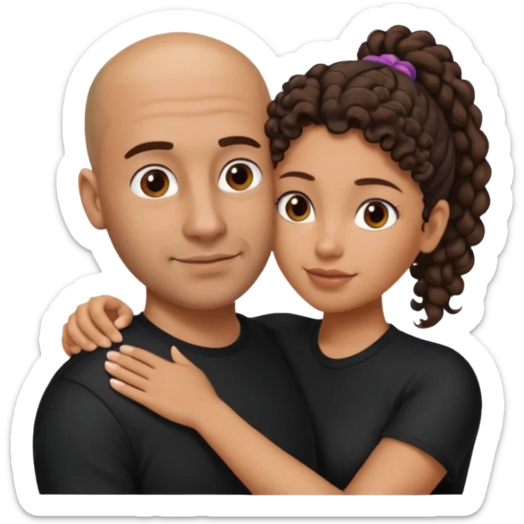 A picture of a tanned couple embracing. the man is a Mexican man with tanned skin, a bald hair cut, short beard and wearing a black shirt. the woman is mixed, with curly brown hair in a pony tail and with big boobs  sticker
