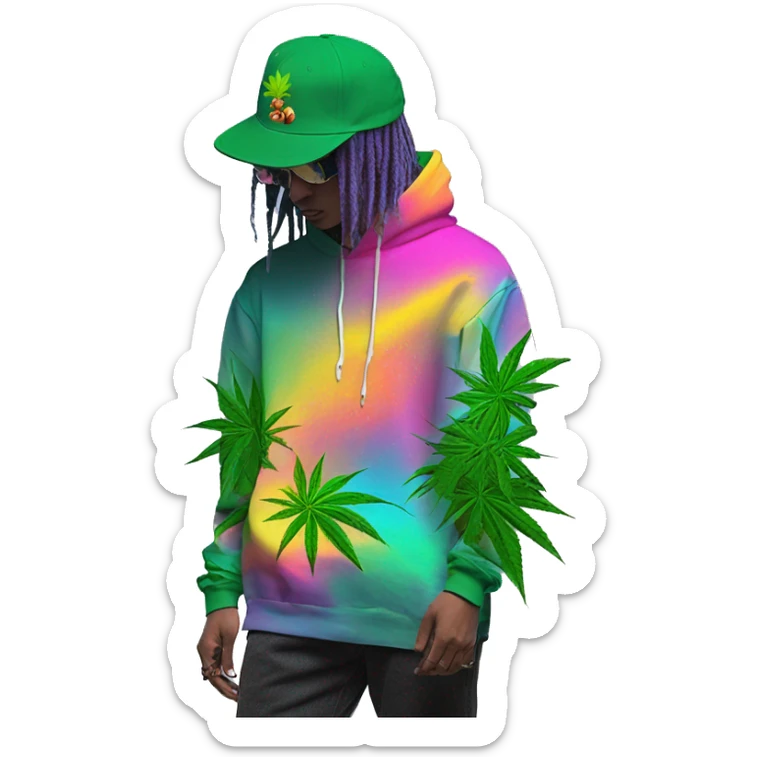 Hemp leaves Multicoloured neon person smoking wearing hoodie dancing hip hop bucket hat tropical Skater fashion aesthetic baggy clothes graphic t shirt 420 sticker