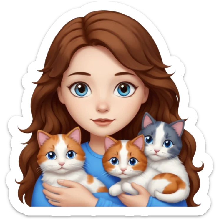 girl with long wavy brown hair, blue eyes, long lashes makeup, cuddling with 6 cats sticker
