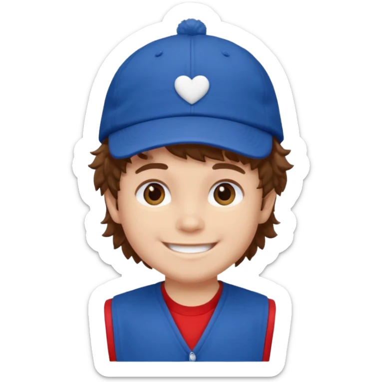 brown fluffy hair kid with blue and white cap dark blue jilet red t shirt sticker