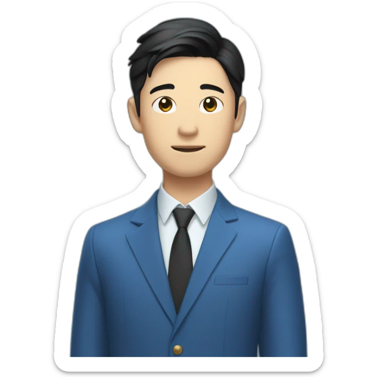 young asian deputy in blue suit and very short black hair waves his hand sticker