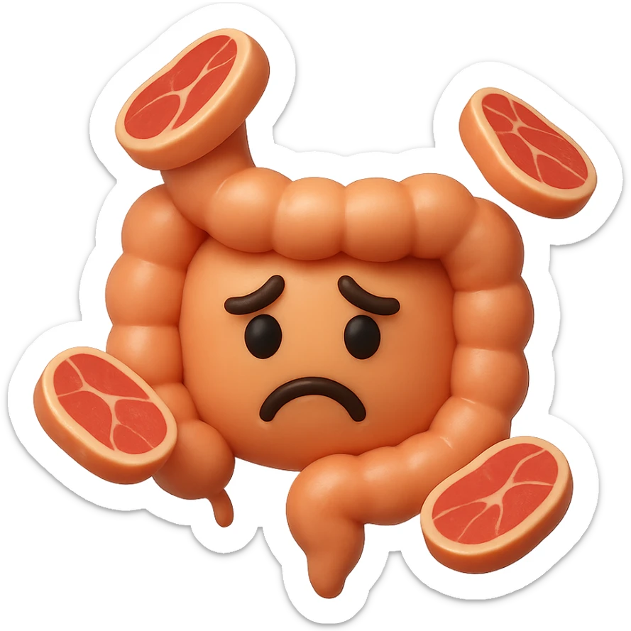 emoji stile iphone in 3d di un intestino triste con fette di carne che gli fluttuano intorno sticker