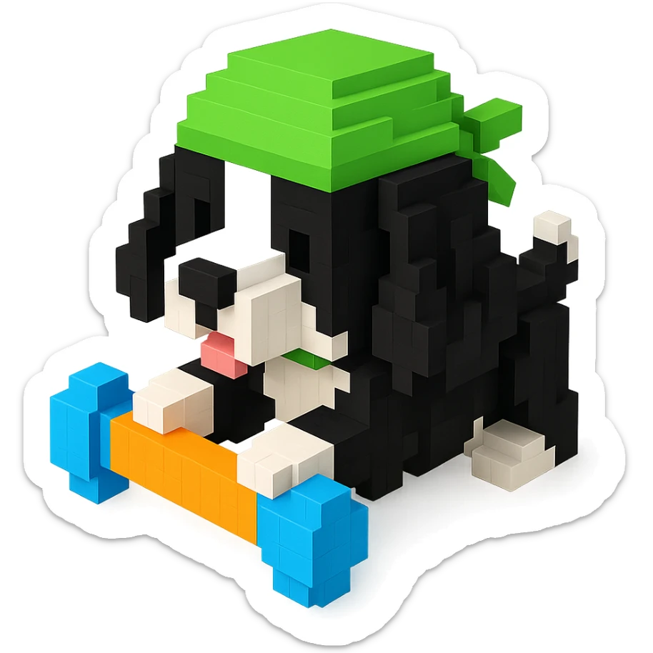 A black and white Russian Cocker Spaniel puppy wearing a green durag, voxel style, playing with a toy sticker