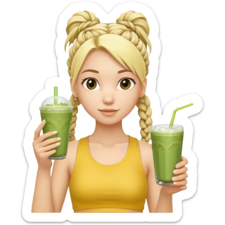 blondy girl with boho braids ponytail wearing in yellow butter gym set holding a matcha drink with ice sticker