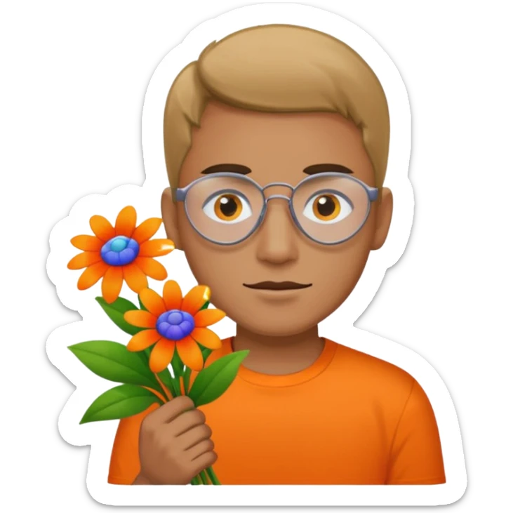 Man with bright orange shirt shirt carrying a bunch of flowers with a patch over his right eye sticker