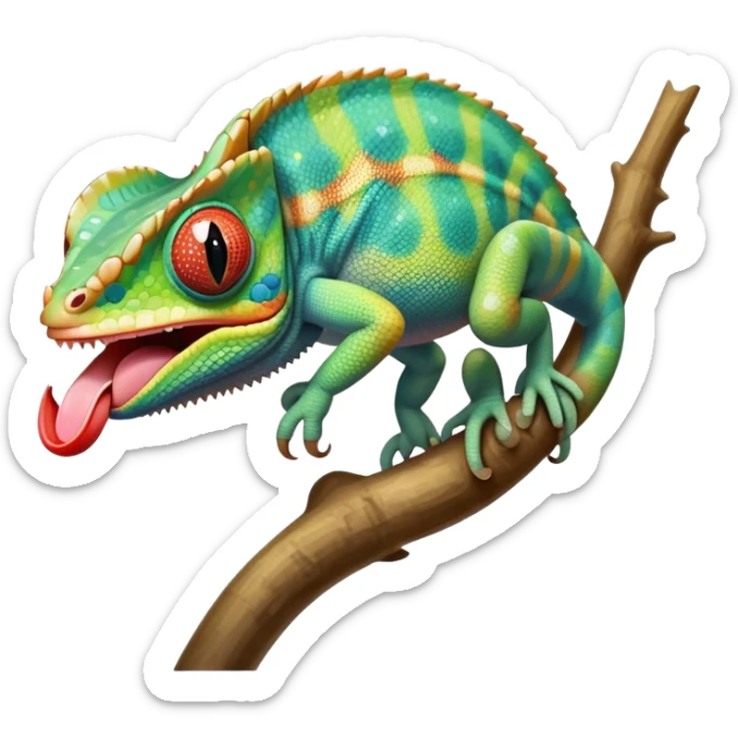cinematic cute -chameleon-realistic emoji, mouth wide open with tongue out catching prey, -blending-with-vibrant-greenery.-detailed-scales-in-shifting-colors,-showing-the-chameleon’s-ability-to-camouflage.-soft-natural-light-highlights-its-texture.-light-background, zoomed into its face sticker