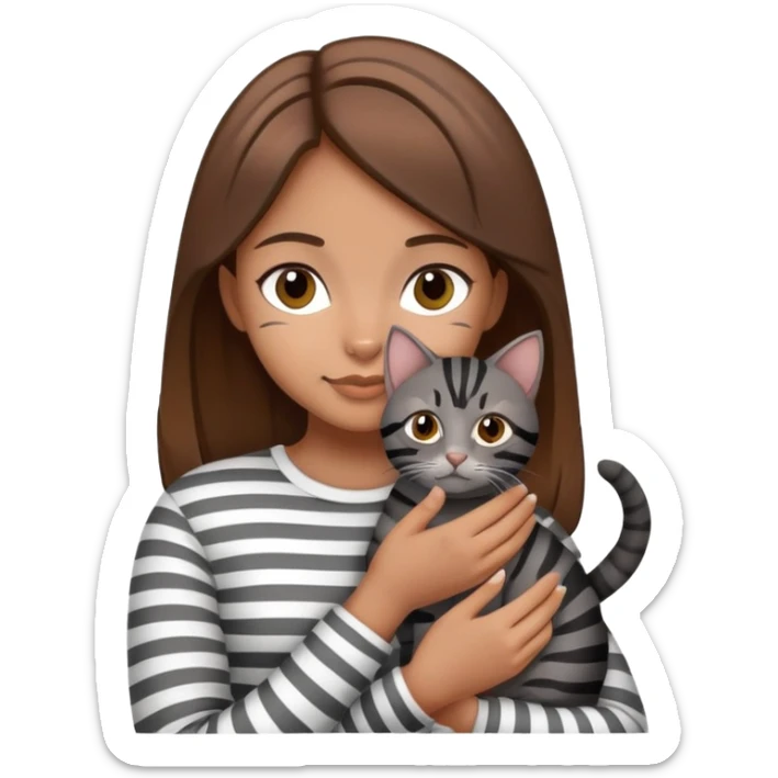 tan brown hair girl holding two black and grey striped cats sticker