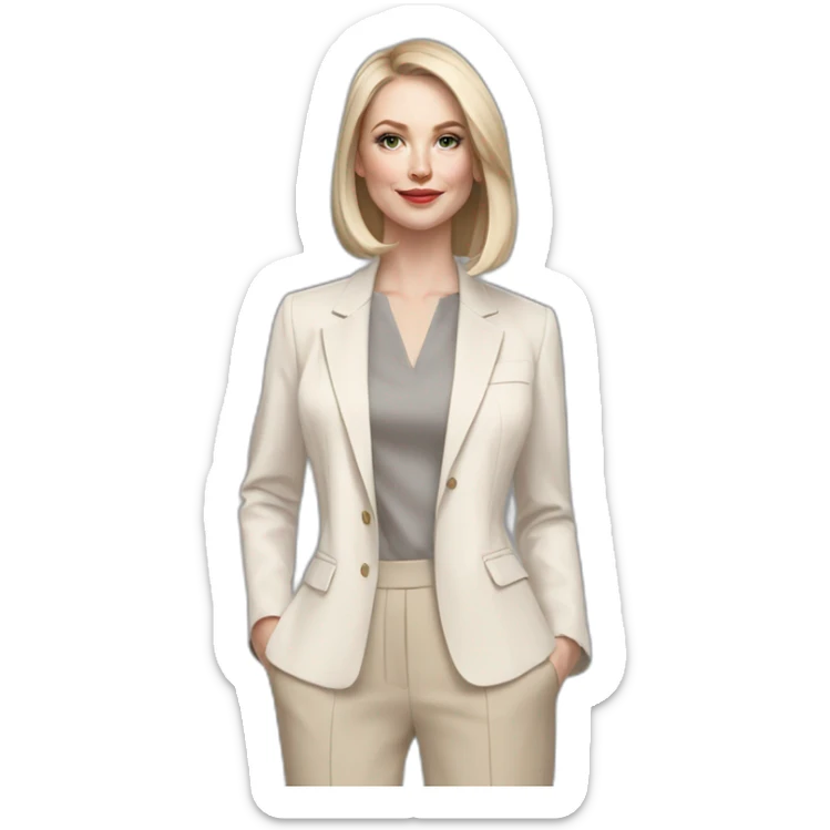 pale skin woman with ash blonde Straightened bob Hair, White Spacious classical jacket, beige palazzo Arrow pants and gray blouse holding a color palettes in the hands sticker