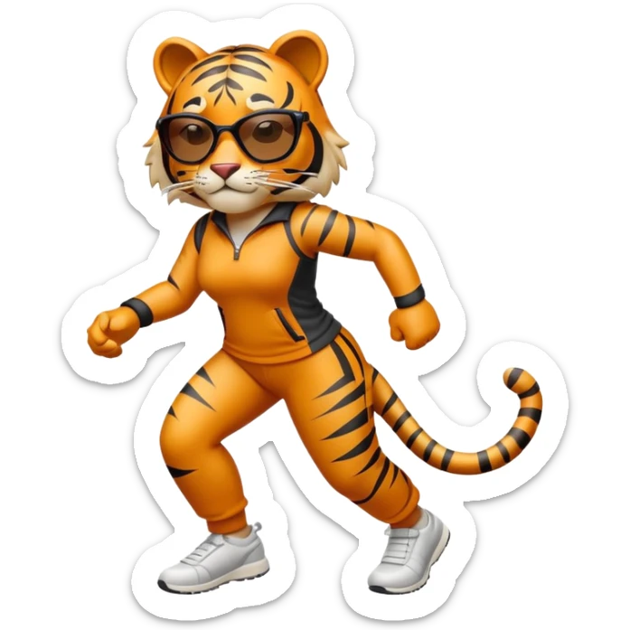 female energetic anthropomorphised tiger in sports clothes, wearing dark sunglasses, walking upright, dynamic pose sticker