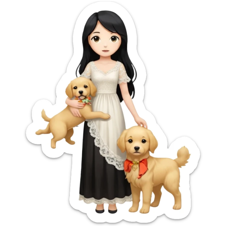 Pastel anime lady long hair with long lace dress full body holding puppy sticker