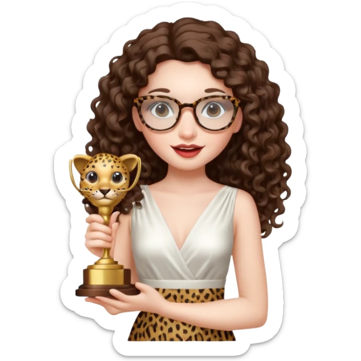 A girl with white pale skin,  full lips, brunette LONG curly hair. She is wearing a white  silk dress. She is holding an award and happy. She has a leopard print round-ish shaped glasses.  sticker