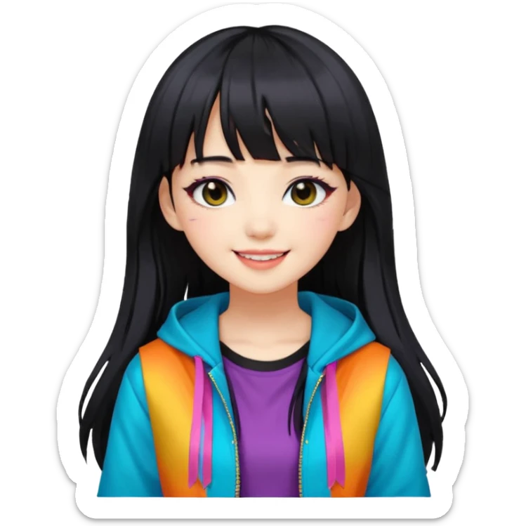 Portrait of a female K-pop idol, wearing a stylish streetwear outfit with layered colorful clothing, long hair with bangs, makeup,  sticker
