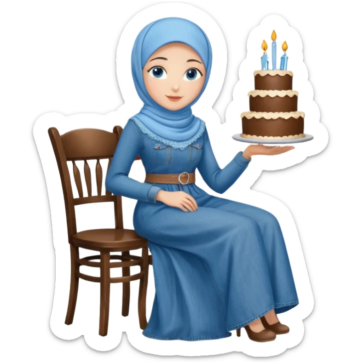 Turkish beautiful finish Konya girl blue eyes with denim hijab long tail dress and sits on the chair and holds cake with her hand  sticker