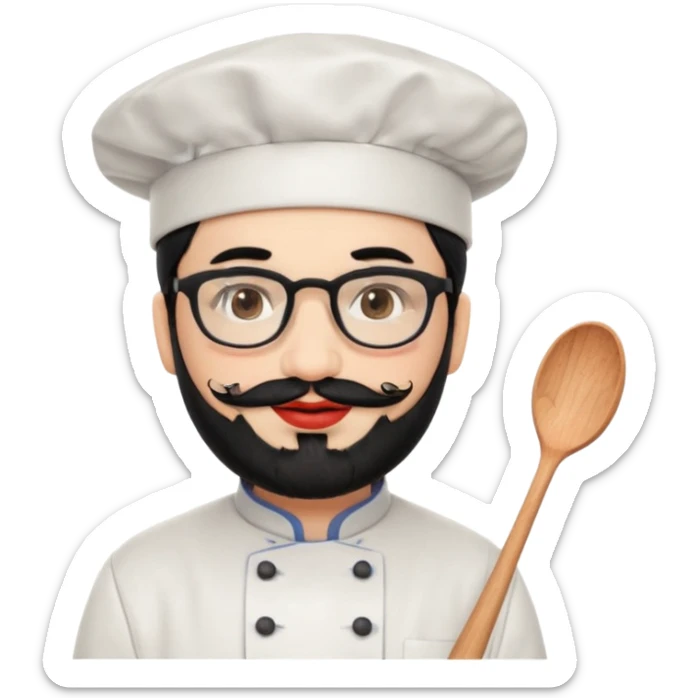 CHEF CON PIEL BLANCA, GORRO DE CHEF, PELO NEGRO Y BARBA NEGRA, OJOS MARRON OSCURO Y GAFAS DE PASTA NEGRAS. SONRIE Y TIENE MARCAS DE BESOS CON FORMA DE LABIOS EN LAS MEJILLAS (COMO MANCHAS DE PINTALABIOS) sticker