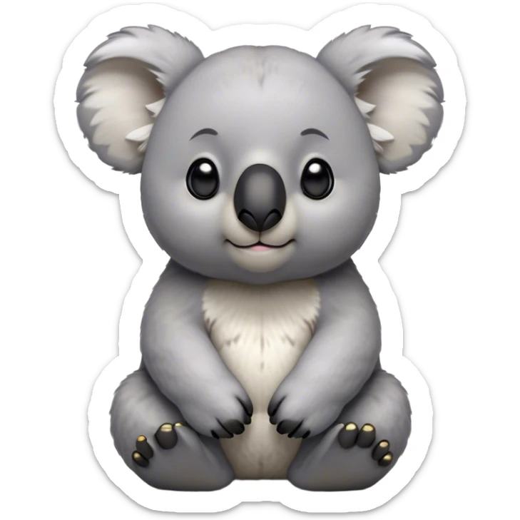 Cinematic Noble Koala Portrait Emoji, Poised and regal, with a stocky, cuddly build and a plush, well-groomed grey fur, large round ears and a distinctive big black nose, deep-set soulful dark eyes, Simplified yet sharp and sophisticated features, highly detailed, glowing with a soft, dignified glow, high shine, intelligent and gentle, stylized with an air of eucalyptus elegance, focused and attentive, soft glowing outline, capturing the essence of a watchful and confident marsupial, so majestic it feels as though it could climb out of the screen with effortless authority! sticker
