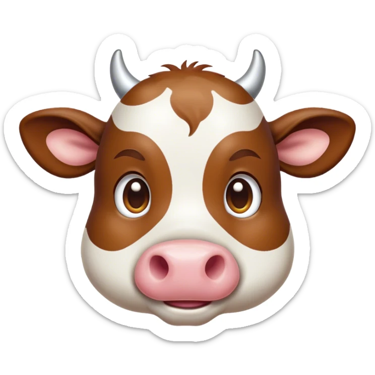 Cinematic Cute Brown and White Cow Portrait Emoji, Head tilted playfully and inquisitively, featuring a glossy, richly patterned hide of brown with striking white patches, round, sparkling brown eyes filled with gentle curiosity, Simplified yet irresistibly adorable features, highly detailed, glowing with a warm, friendly glow, high shine, affectionate and serene, stylized with a touch of country charm, bright and endearing, soft glowing outline, capturing the essence of a mischievous yet loving cow, so playful it feels like it could moo out of the screen and into your arms! sticker
