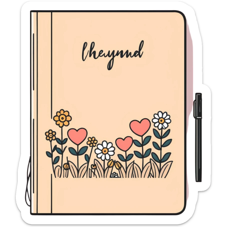 A closed beige journal book with Doodles of hearts and flowers drawn on the front cover, Digital watercolor illustration, isolated die cut sticker. 8k sticker