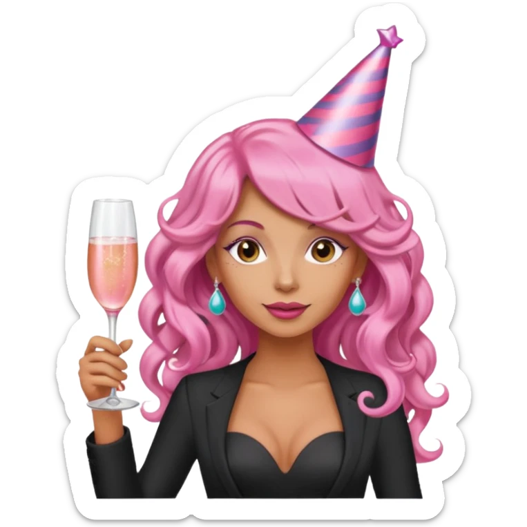 One lady with long pink curled hair and tan skin holding a glass of  pink champagne in each hand sticker