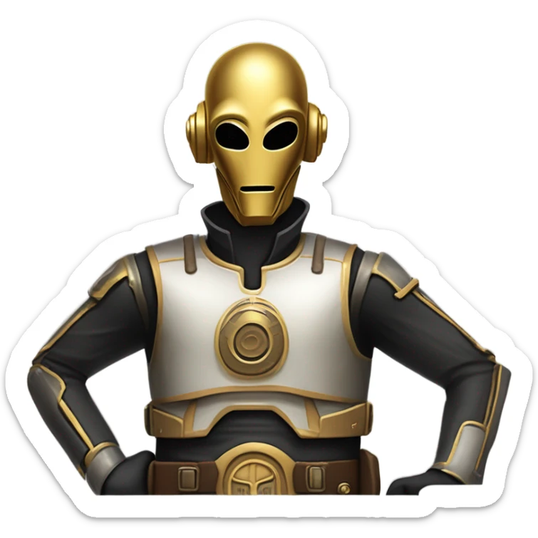 battle rough and tough bounty hunter c3Po wearing Satan’s leather outfit with guns and flat-brimmed hat on head. walking happy sticker