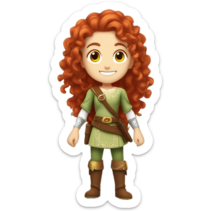 a white girl with long red curly hair and freckles, cosplaying Zelda posing and smiling sticker