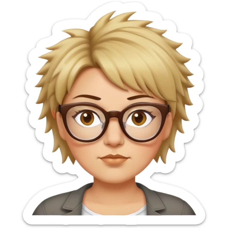  plus size white women with short light brown and blonde shaggy spiked hair wearing glasses with hazel color eyes and flat nose sticker