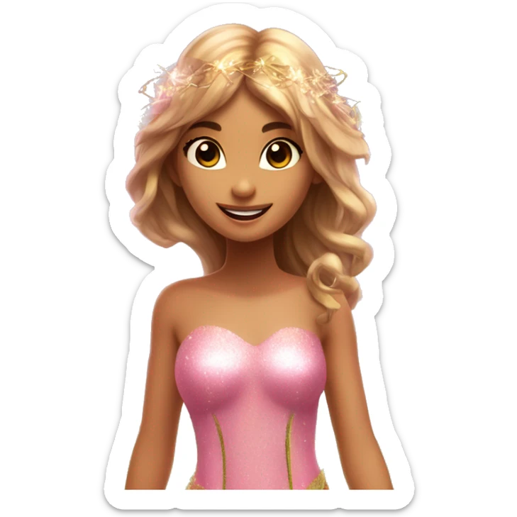 Flora the adult latina fairy of nature in her enchantix fairy pink clothing and fairy enchantix wings and long light brown hair from winx club. Small eyes, Lots of sparkles and fairydust. Full fairy bliss sticker