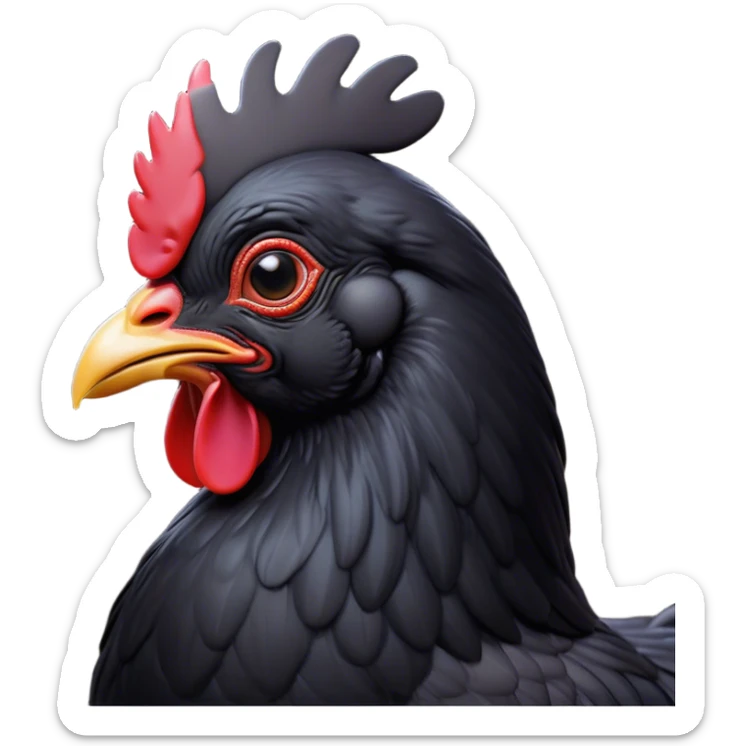 Cinematic Noble Black Chicken Portrait Emoji, Poised and regal, with a compact, sturdy build and a glossy, well-groomed pure black plumage, deep-set soulful beady eyes, Simplified yet sharp and sophisticated features, highly detailed, glowing with a soft, dignified glow, high shine, intelligent and alert, stylized with an air of mysterious elegance, focused and attentive, soft glowing outline, capturing the essence of a watchful and confident fowl, so majestic it feels as though it could strut out of the screen with effortless authority! sticker