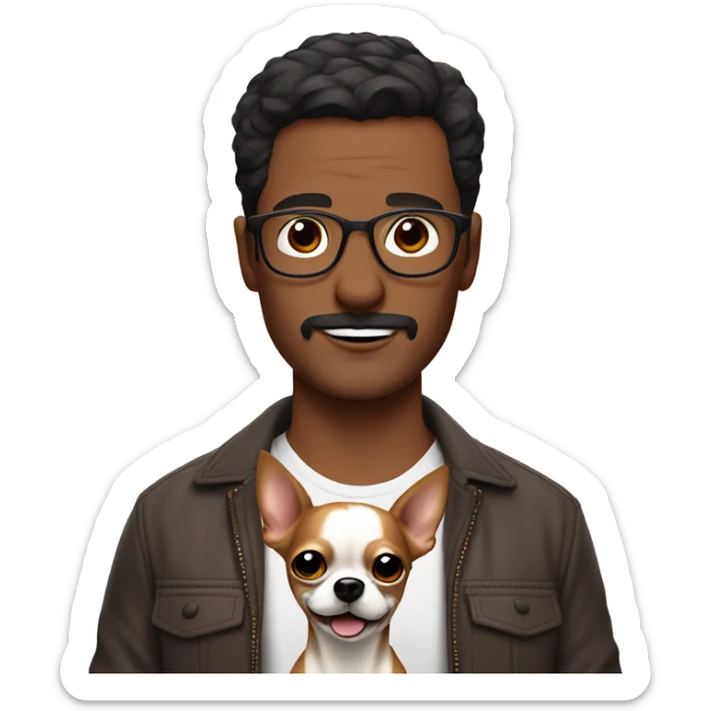 dark hair dark eye man with short mustache wearing glasses holding chihuahua sticker