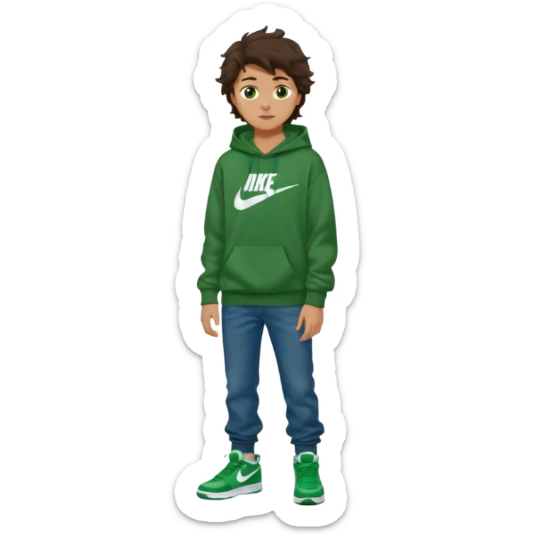 a 14 year old slightly tanned teenage boy with dark brown tousled wavy hair, dark brown eyes wearing a green tshirt, a dark green hoodie, blue jeans and green nike air jordans sticker